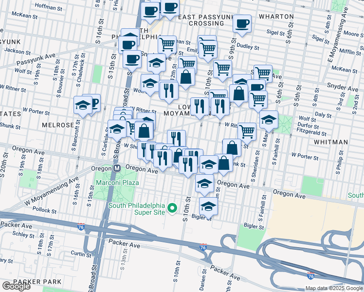 map of restaurants, bars, coffee shops, grocery stores, and more near 2527 South 11th Street in Philadelphia