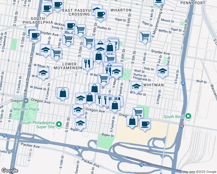 map of restaurants, bars, coffee shops, grocery stores, and more near 639 West Porter Street in Philadelphia