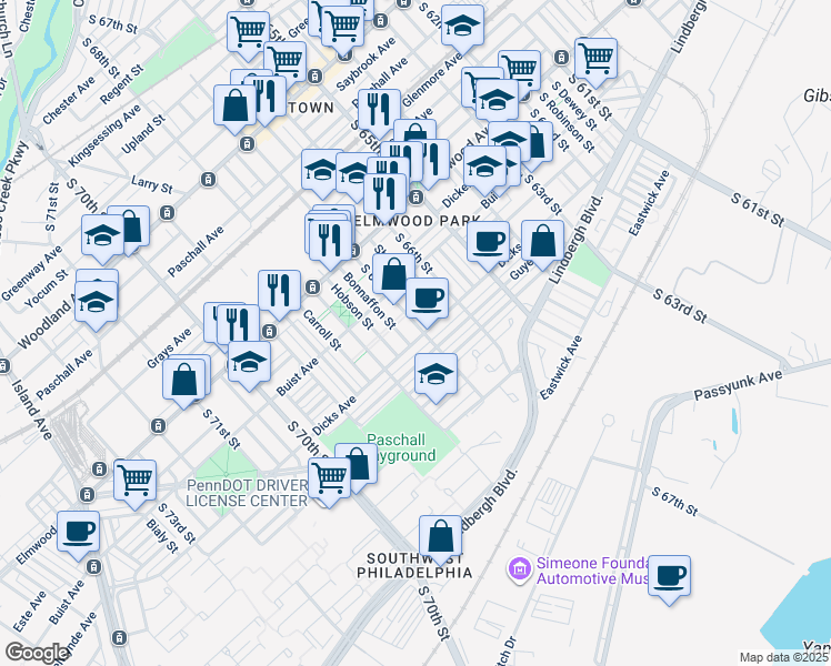 map of restaurants, bars, coffee shops, grocery stores, and more near 2658 South 67th Street in Philadelphia