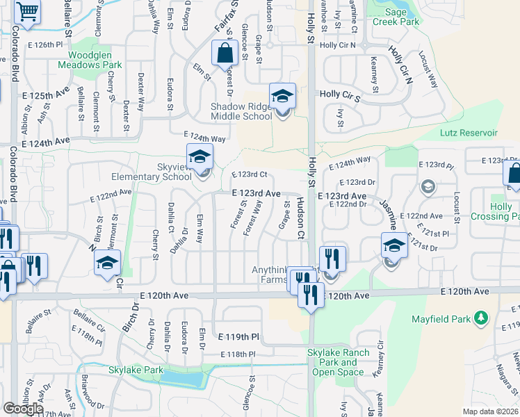 map of restaurants, bars, coffee shops, grocery stores, and more near 12232 Forest Way in Thornton