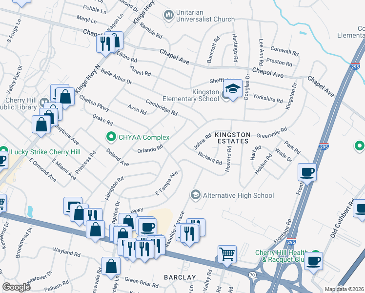 map of restaurants, bars, coffee shops, grocery stores, and more near 833 Kingston Drive in Cherry Hill