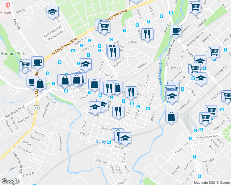 map of restaurants, bars, coffee shops, grocery stores, and more near 437 Darby Terrace in Darby