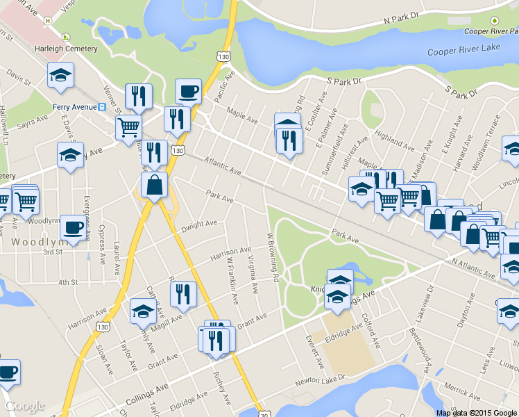 map of restaurants, bars, coffee shops, grocery stores, and more near 127 West Browning Road in Collingswood