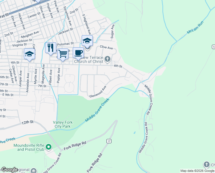 map of restaurants, bars, coffee shops, grocery stores, and more near 2907 Glenwood Ave in Moundsville