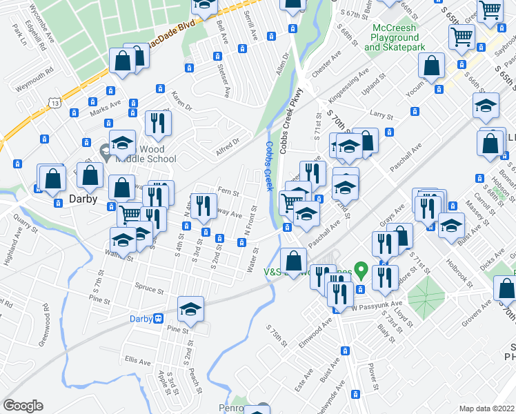 map of restaurants, bars, coffee shops, grocery stores, and more near 119 North Front Street in Darby