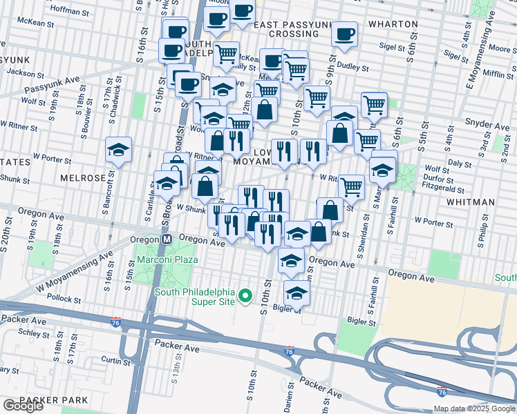 map of restaurants, bars, coffee shops, grocery stores, and more near 2527 South 11th Street in Philadelphia