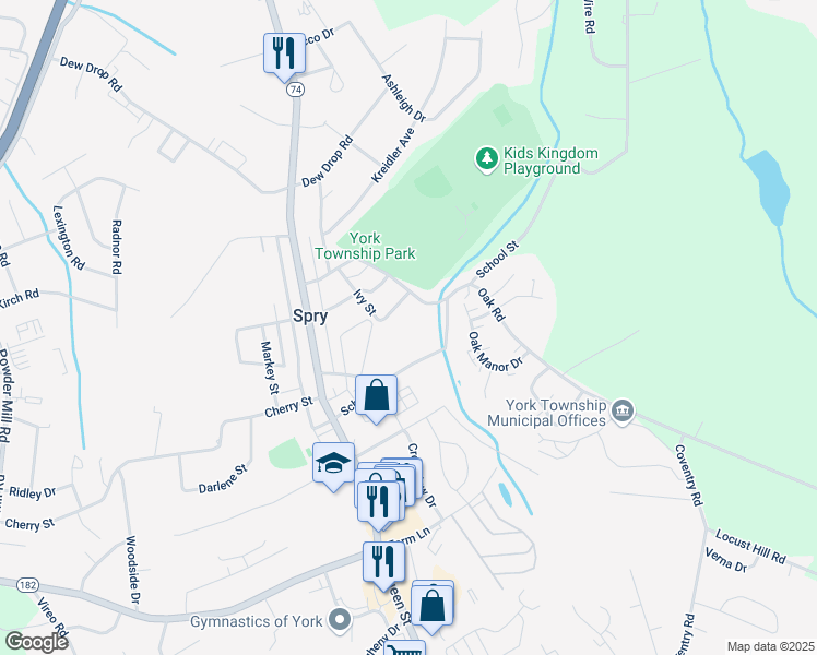map of restaurants, bars, coffee shops, grocery stores, and more near 54 Oak Street in York