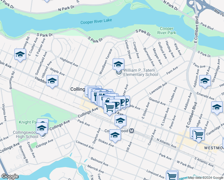 map of restaurants, bars, coffee shops, grocery stores, and more near 739 Maple Terrace in Collingswood