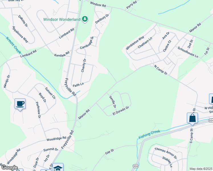map of restaurants, bars, coffee shops, grocery stores, and more near 195 Manor Road in Red Lion