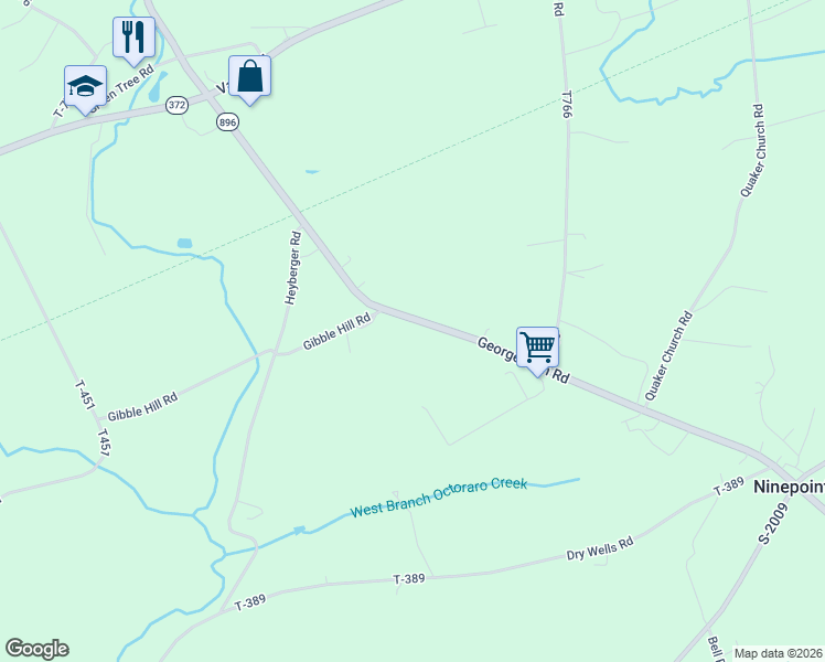 map of restaurants, bars, coffee shops, grocery stores, and more near 1368 Georgetown Road in Quarryville