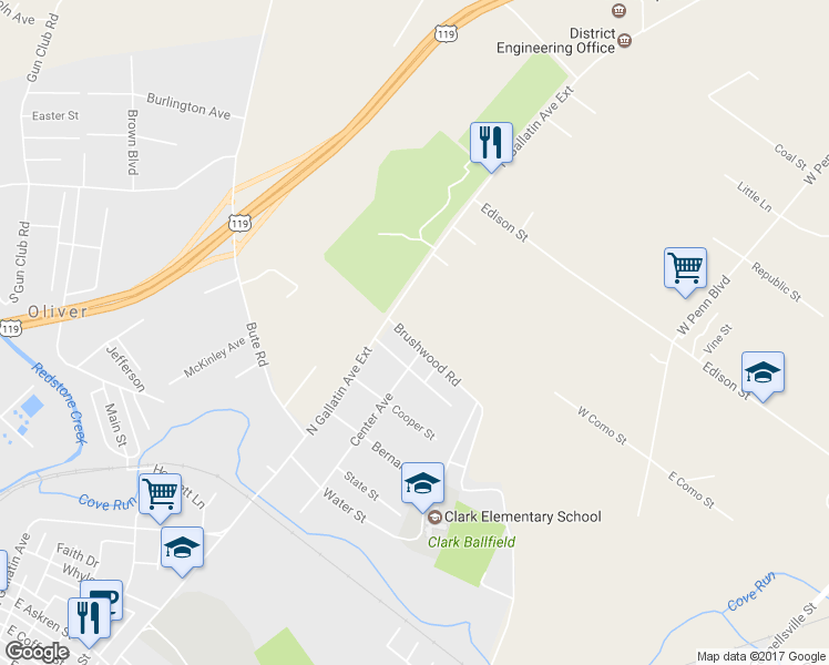 map of restaurants, bars, coffee shops, grocery stores, and more near 105 Brushwood Road in Uniontown