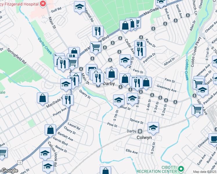 map of restaurants, bars, coffee shops, grocery stores, and more near 818 Main Street in Darby