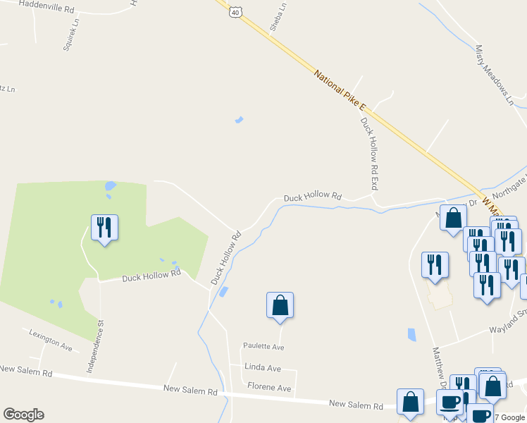 map of restaurants, bars, coffee shops, grocery stores, and more near 284 Duck Hollow Road in Uniontown