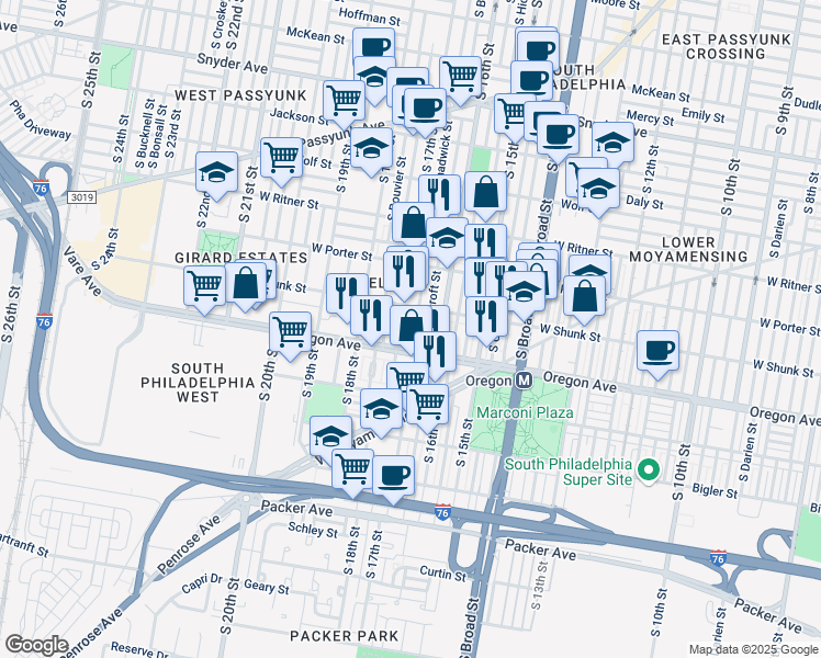 map of restaurants, bars, coffee shops, grocery stores, and more near 2628 South Chadwick Street in Philadelphia