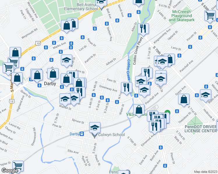 map of restaurants, bars, coffee shops, grocery stores, and more near 201 Greenway Avenue in Darby