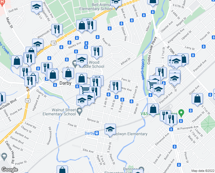 map of restaurants, bars, coffee shops, grocery stores, and more near 104 North 4th Street in Darby