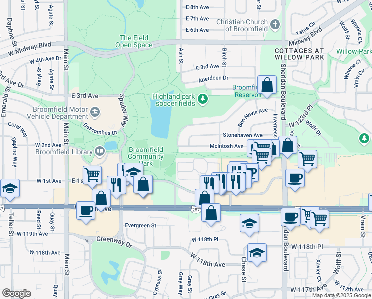 map of restaurants, bars, coffee shops, grocery stores, and more near 954 McIntosh Avenue in Broomfield