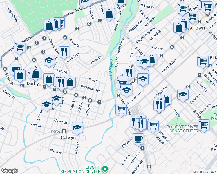 map of restaurants, bars, coffee shops, grocery stores, and more near 50 Fern Street in Darby