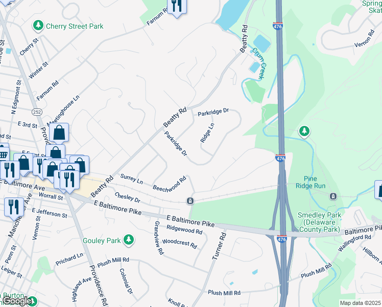 map of restaurants, bars, coffee shops, grocery stores, and more near 816 Parkridge Drive in Media