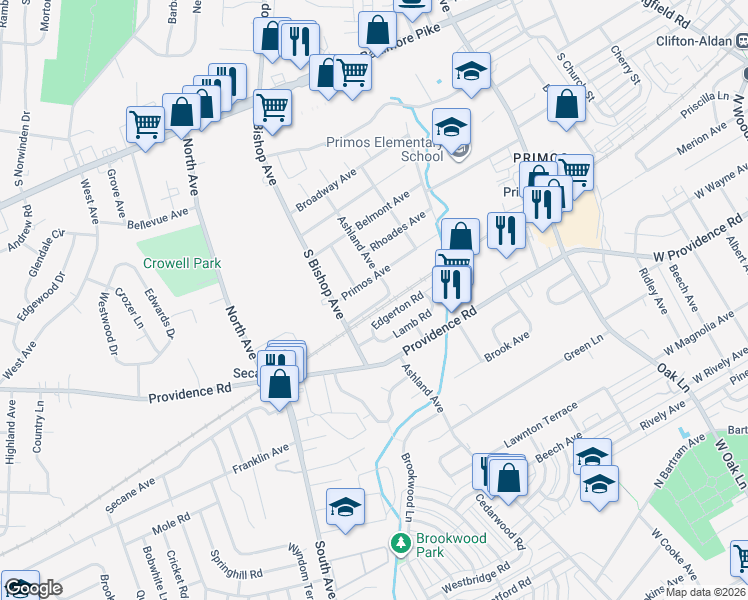 map of restaurants, bars, coffee shops, grocery stores, and more near 1105 Secane Road in Delaware County