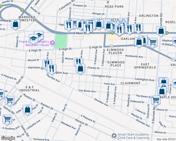 map of restaurants, bars, coffee shops, grocery stores, and more near 360 Linwood Avenue in Springfield