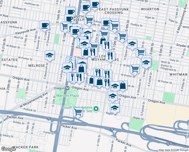 map of restaurants, bars, coffee shops, grocery stores, and more near in Philadelphia