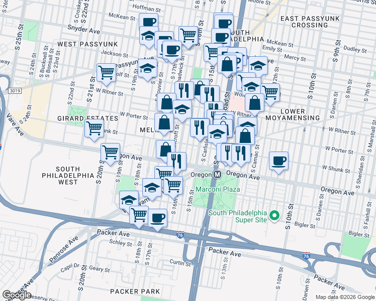 map of restaurants, bars, coffee shops, grocery stores, and more near 2620 South Mole Street in Philadelphia