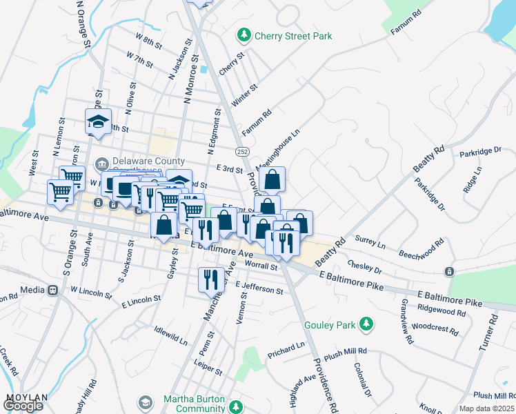 map of restaurants, bars, coffee shops, grocery stores, and more near 413 East Front Street in Media