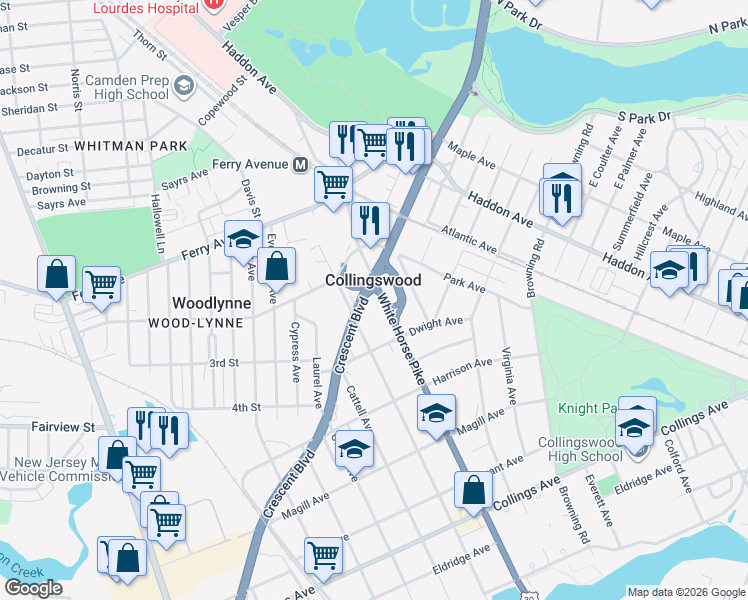 map of restaurants, bars, coffee shops, grocery stores, and more near 124 White Horse Pike in Collingswood