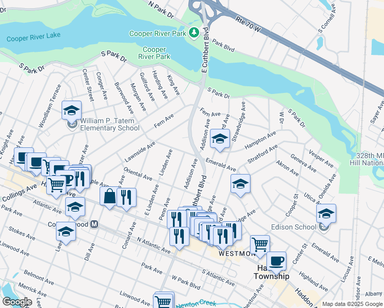 map of restaurants, bars, coffee shops, grocery stores, and more near 234 Penn Avenue in Collingswood