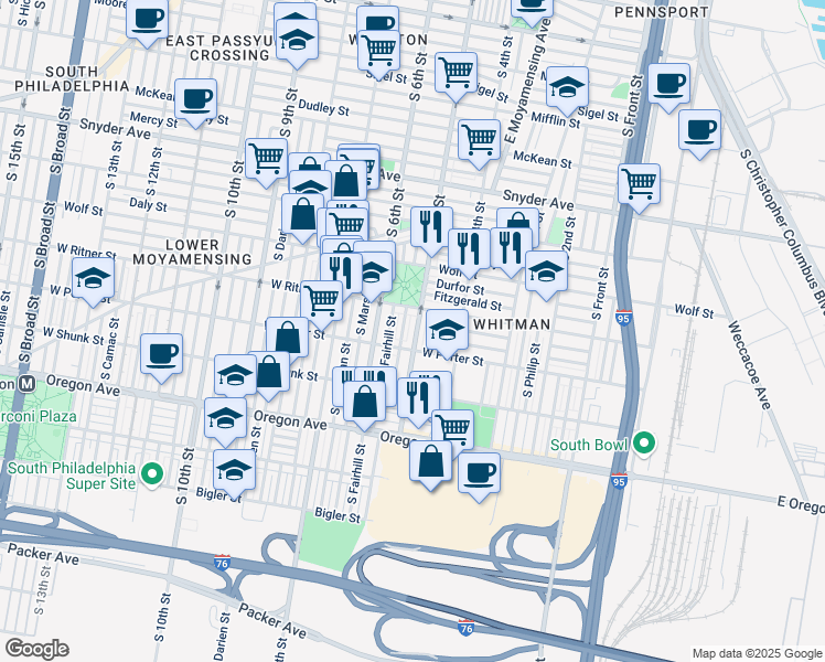 map of restaurants, bars, coffee shops, grocery stores, and more near 2433 South 5th Street in Philadelphia