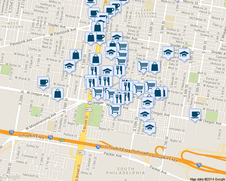 map of restaurants, bars, coffee shops, grocery stores, and more near 2522 South Camac Street in Philadelphia