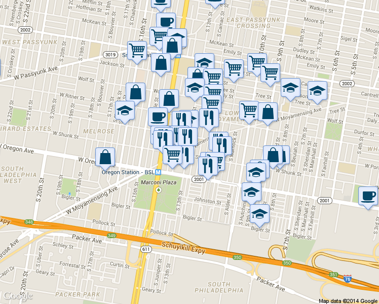 map of restaurants, bars, coffee shops, grocery stores, and more near 2526 South Camac Street in Philadelphia