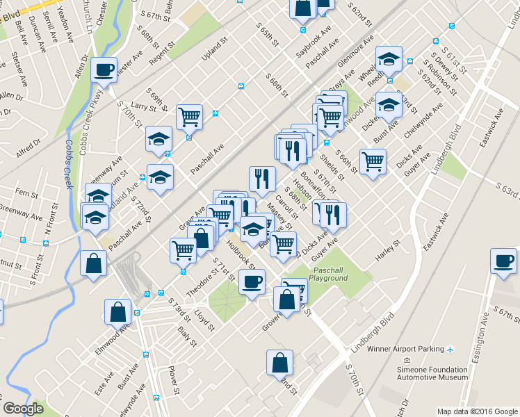 map of restaurants, bars, coffee shops, grocery stores, and more near 2515 South 69th Street in Philadelphia