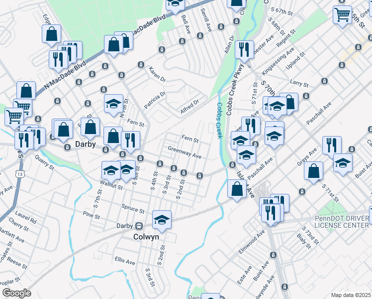 map of restaurants, bars, coffee shops, grocery stores, and more near 201 Greenway Avenue in Darby