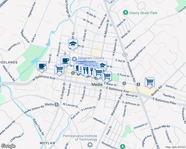 map of restaurants, bars, coffee shops, grocery stores, and more near 21 South Jackson Street in Media