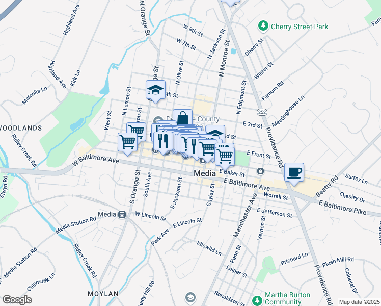 map of restaurants, bars, coffee shops, grocery stores, and more near 21 South Jackson Street in Media