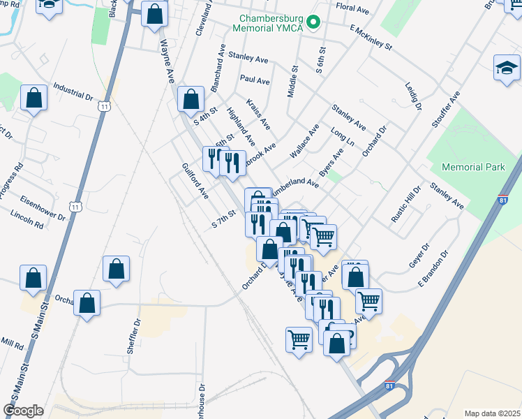 map of restaurants, bars, coffee shops, grocery stores, and more near 755 Meadowbrook Lane in Chambersburg