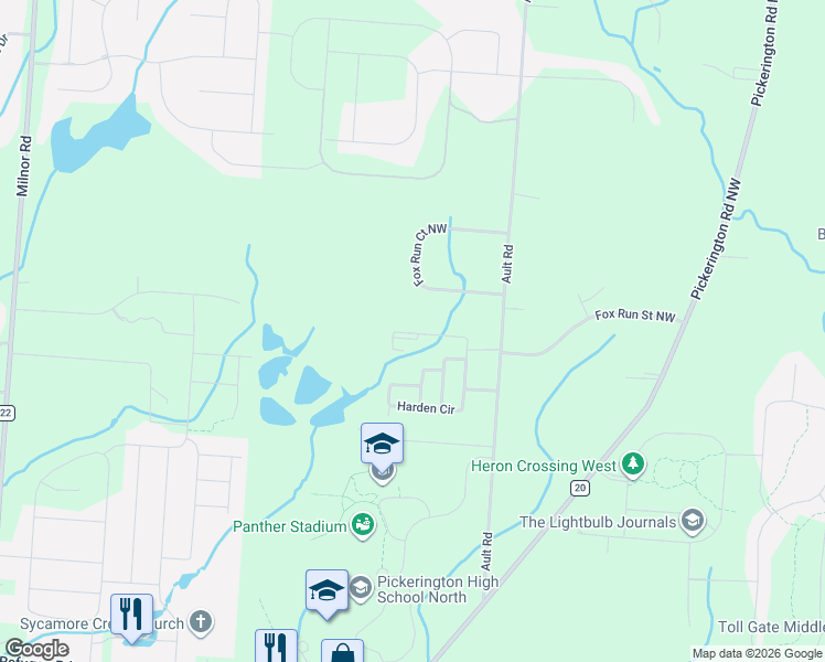 map of restaurants, bars, coffee shops, grocery stores, and more near 12857 Fox Run Court Northwest in Pickerington