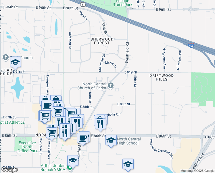 map of restaurants, bars, coffee shops, grocery stores, and more near 8864 Westfield Boulevard in Indianapolis