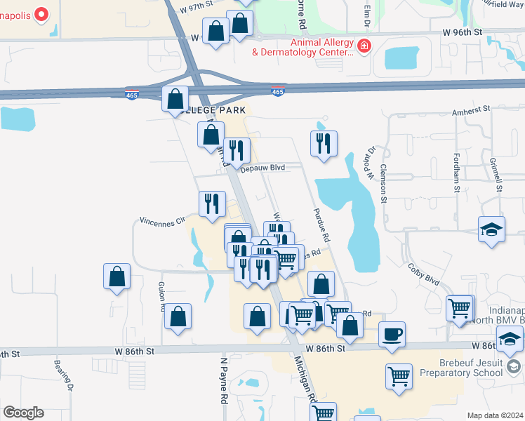map of restaurants, bars, coffee shops, grocery stores, and more near 9030 Wesleyan Road in Indianapolis