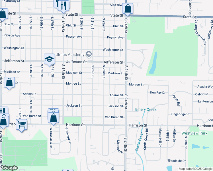 map of restaurants, bars, coffee shops, grocery stores, and more near 2200 Monroe Street in Quincy