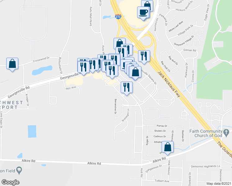 map of restaurants, bars, coffee shops, grocery stores, and more near 1699 Berrancher Drive in Columbus