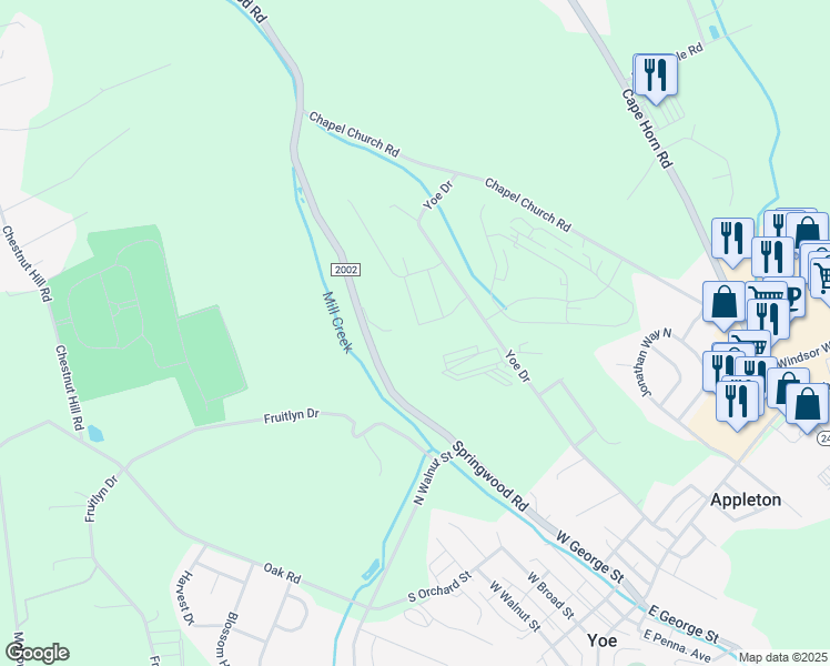 map of restaurants, bars, coffee shops, grocery stores, and more near 3005 Springwood Road in Dallastown