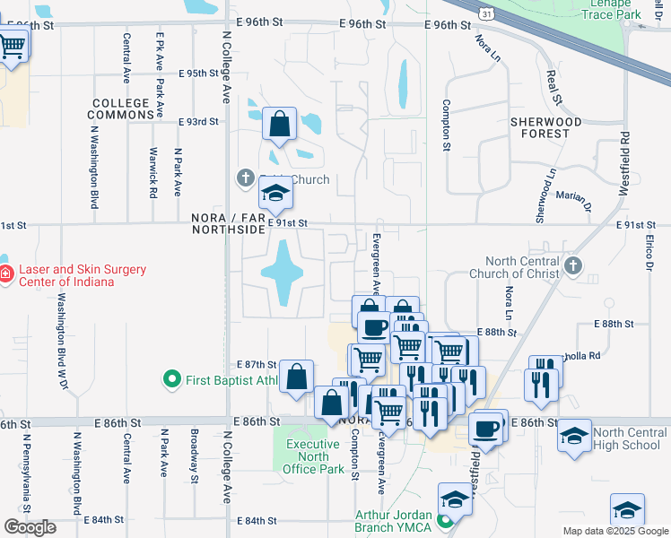 map of restaurants, bars, coffee shops, grocery stores, and more near 1007 East 90th Street in Indianapolis