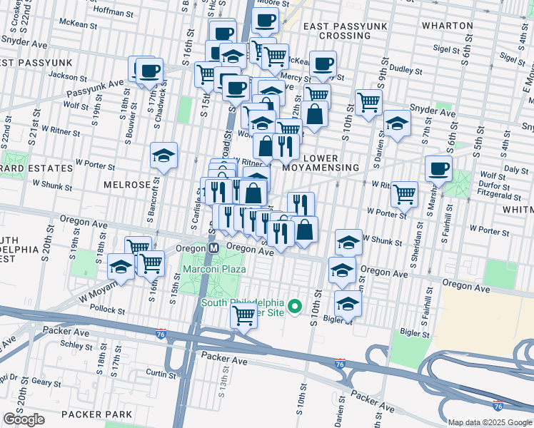 map of restaurants, bars, coffee shops, grocery stores, and more near 2522 South Camac Street in Philadelphia