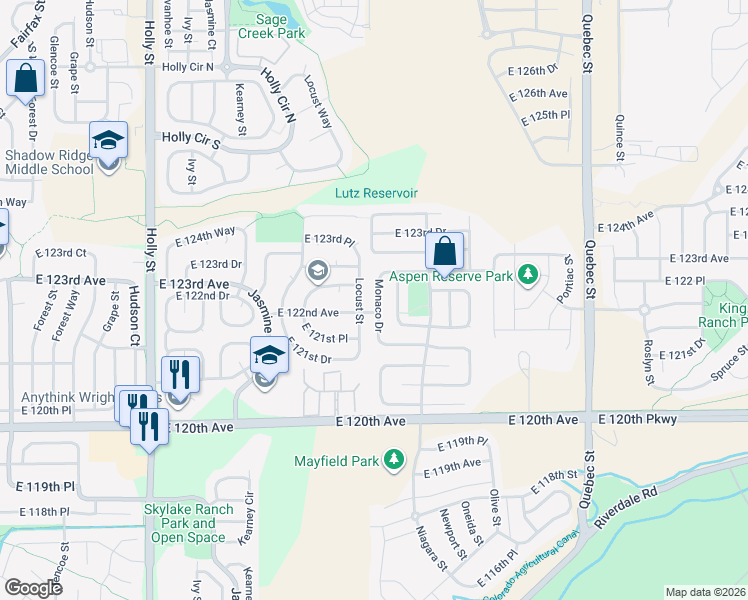 map of restaurants, bars, coffee shops, grocery stores, and more near 12215 Locust Street in Brighton