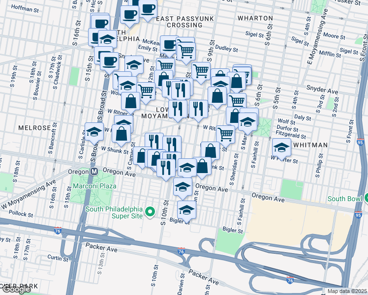 map of restaurants, bars, coffee shops, grocery stores, and more near 2510 South Percy Street in Philadelphia