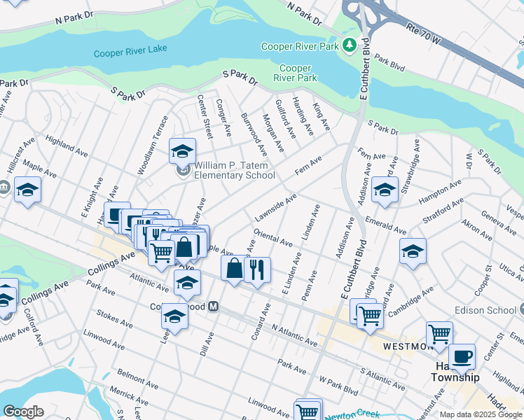 map of restaurants, bars, coffee shops, grocery stores, and more near 161 Lawnside Avenue in Collingswood