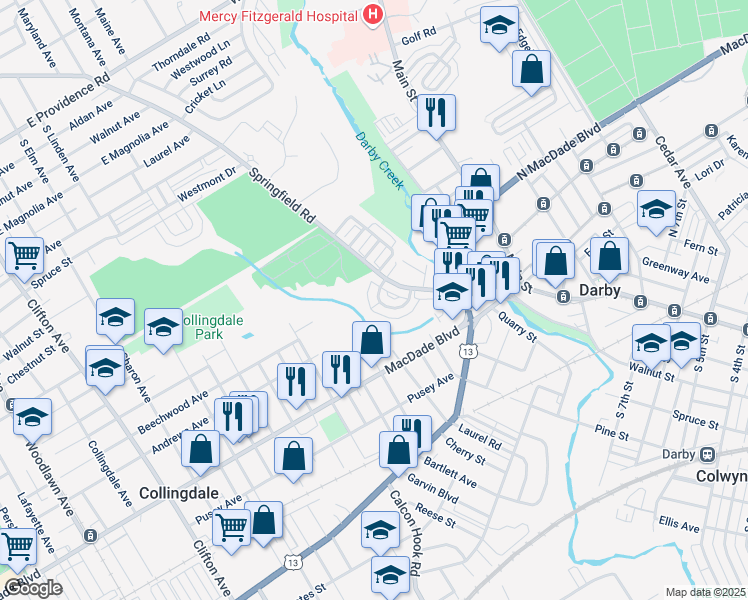 map of restaurants, bars, coffee shops, grocery stores, and more near 1030 South Lynbrook Road in Darby